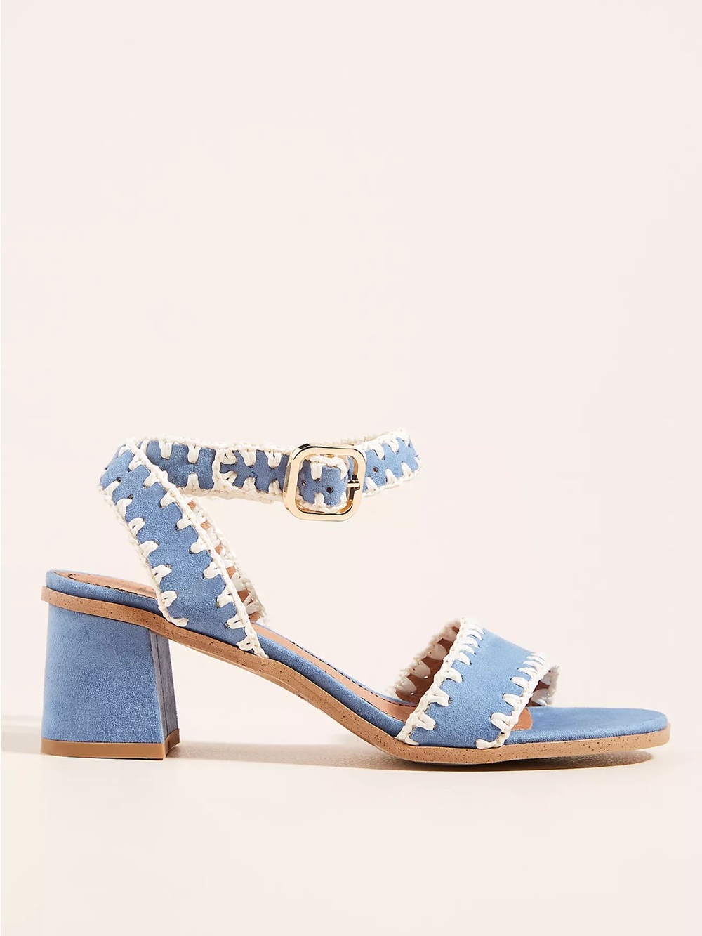 Matiko Light Blue Suede Block Heel Sandals with Cream Whipstitch